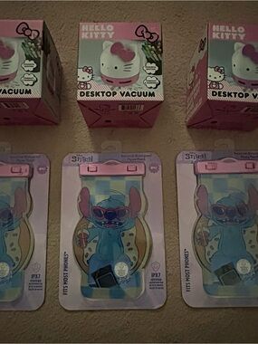 LOT!! 3 Stitch waterproof phone pouches & 3 Hello Kitty Desktop Vacuum